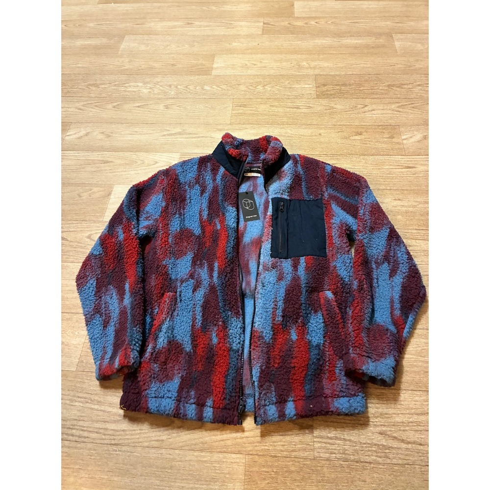 Original Use Womens XS Sherpa Fleece Jacket Abstract Blue Red Zip Up Mock Neck